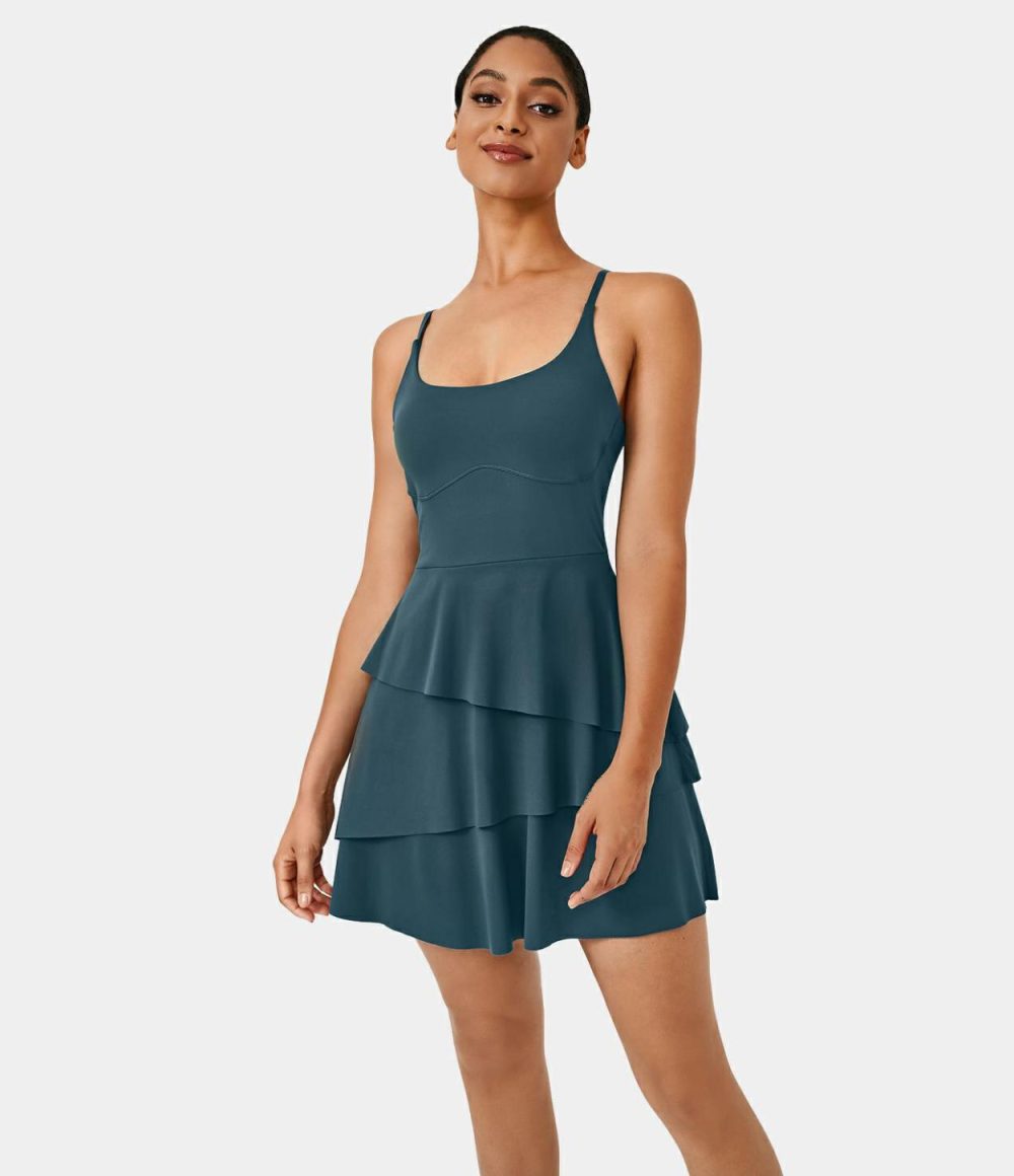 Softlyzero™ Airy Backless Tiered Ruffle 2-in-1 Pocket Cool Touch Mini Slip Dance Active Dress-UPF50+  | Womens  Active Dresses Active Dresses Active Dresses