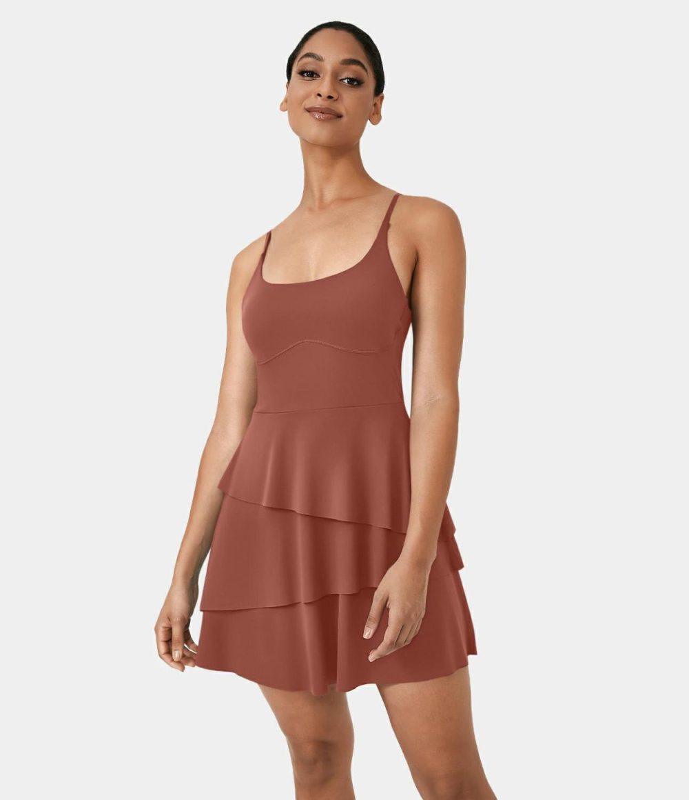 Softlyzero™ Airy Backless Tiered Ruffle 2-in-1 Pocket Cool Touch Mini Slip Dance Active Dress-UPF50+  | Womens  Active Dresses Active Dresses Active Dresses