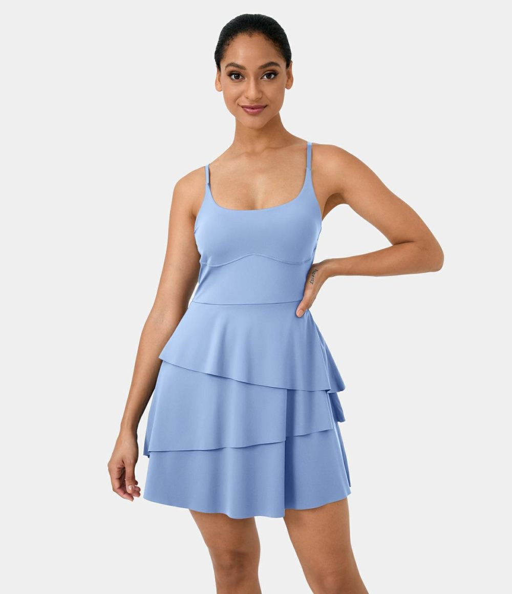 Softlyzero™ Airy Backless Tiered Ruffle 2-in-1 Pocket Cool Touch Mini Slip Dance Active Dress-UPF50+  | Womens  Active Dresses Active Dresses Active Dresses