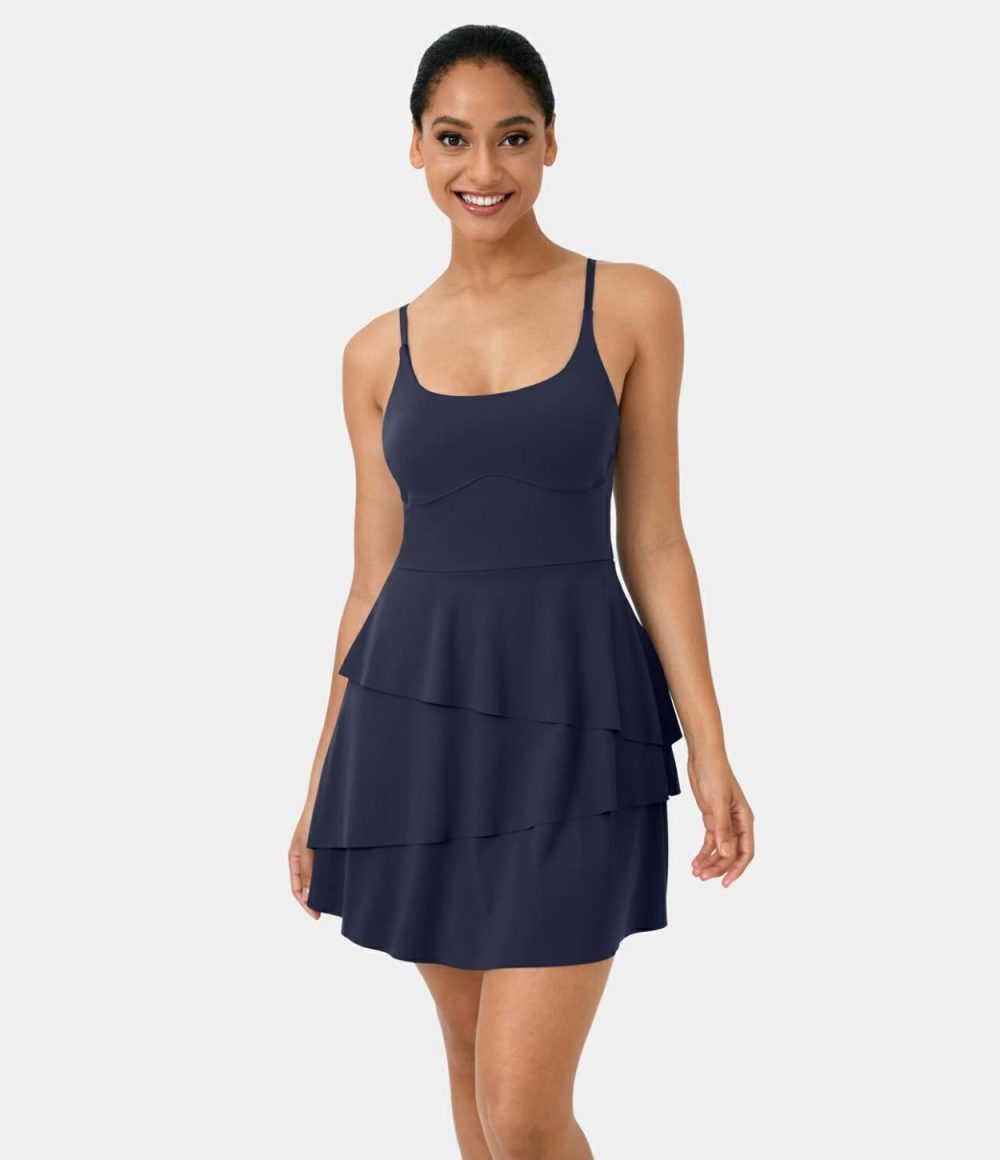 Softlyzero™ Airy Backless Tiered Ruffle 2-in-1 Pocket Cool Touch Mini Slip Dance Active Dress-UPF50+  | Womens  Active Dresses Active Dresses Active Dresses