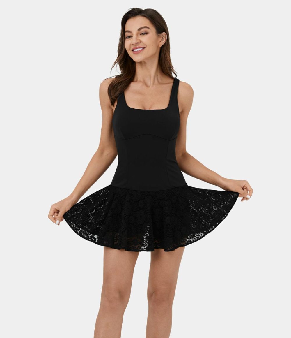 Softlyzero™ Airy Backless Twisted Contrast Lace 2-in-1 Flare Mini Cool Touch Dance Active Dress-UPF50+  | Womens  Active Dresses Active Dresses Active Dresses