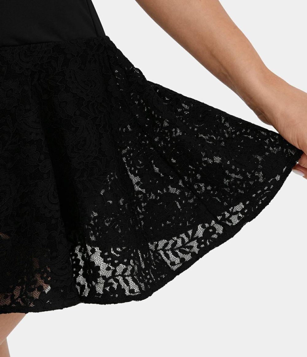 Softlyzero™ Airy Backless Twisted Contrast Lace 2-in-1 Flare Mini Cool Touch Dance Active Dress-UPF50+  | Womens  Active Dresses Active Dresses Active Dresses