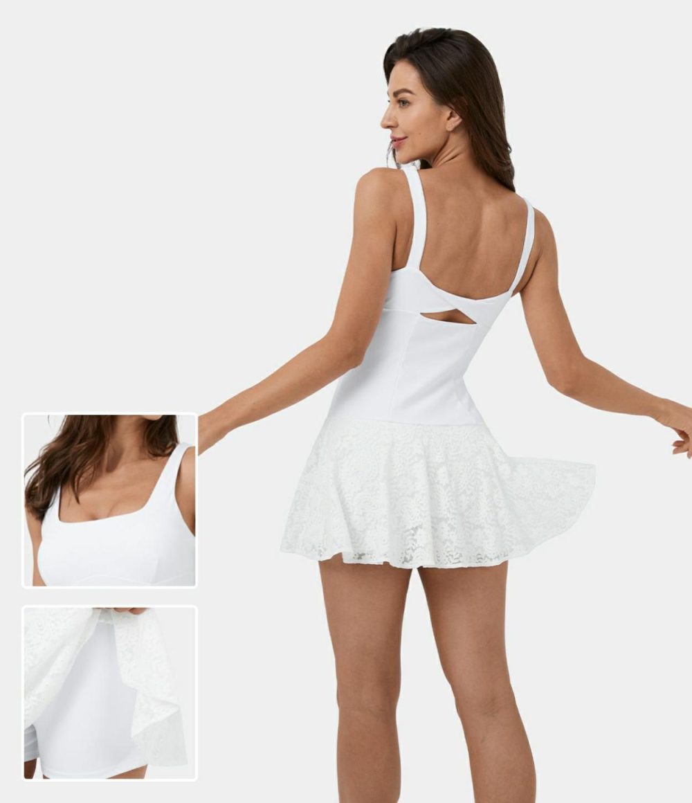 Softlyzero™ Airy Backless Twisted Contrast Lace 2-in-1 Flare Mini Cool Touch Dance Active Dress-UPF50+  | Womens  Active Dresses Active Dresses Active Dresses