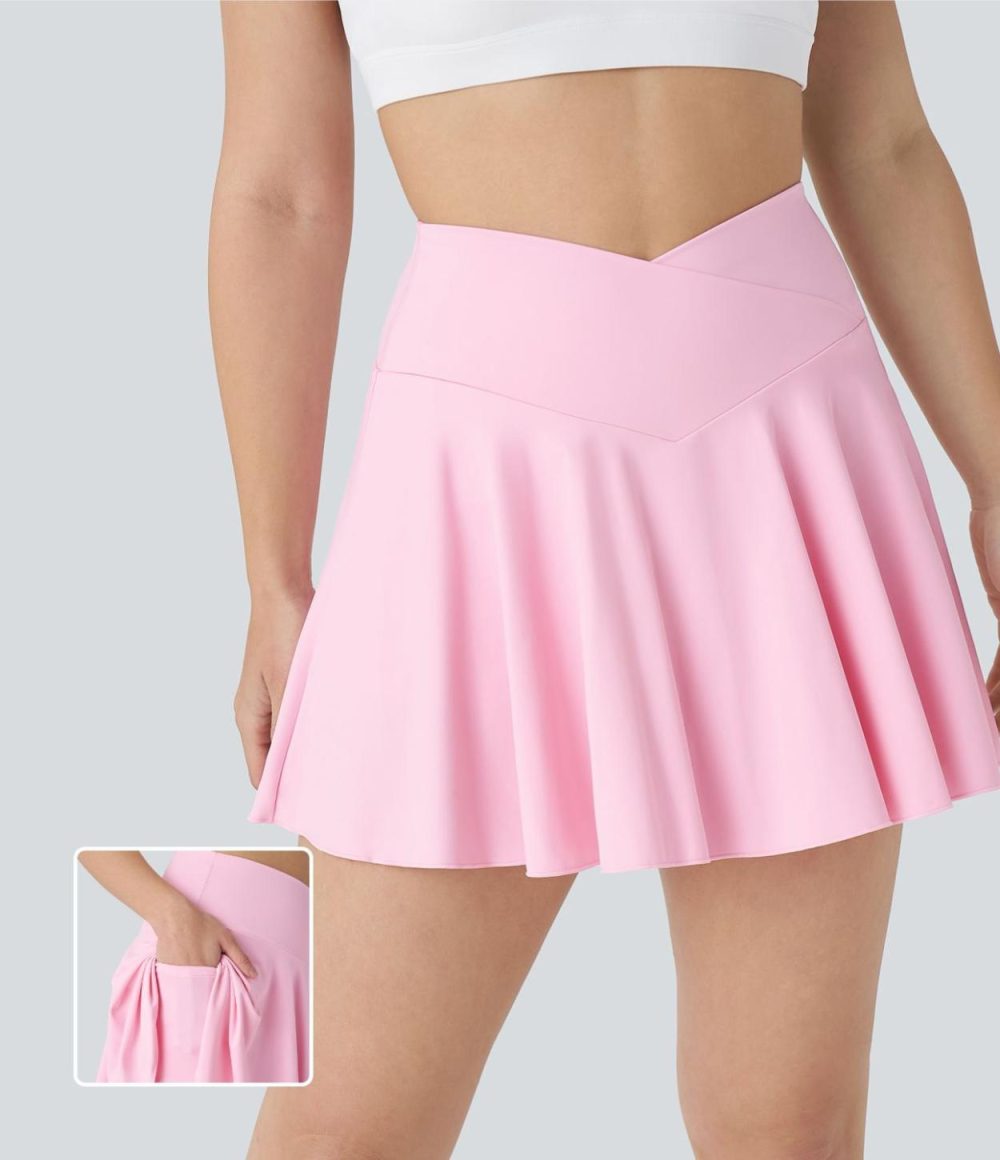 Softlyzero™ Airy Comfy High Waisted Crossover 2-in-1 Side Pocket Flare Cool Touch Tennis Skirt-Longer Length-UPF50+  | Womens  Mini Skirts Clothing Mini Skirts