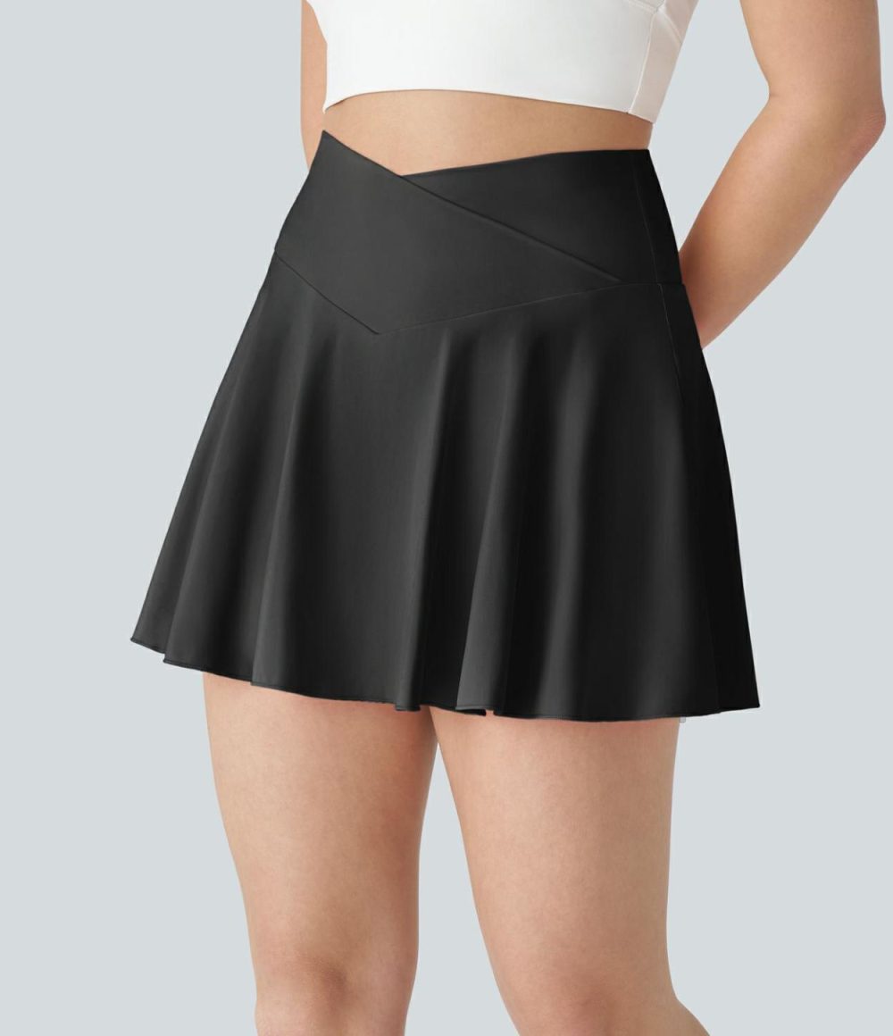 Softlyzero™ Airy Comfy High Waisted Crossover 2-in-1 Side Pocket Flare Cool Touch Tennis Skirt-Longer Length-UPF50+  | Womens  Mini Skirts Clothing Mini Skirts