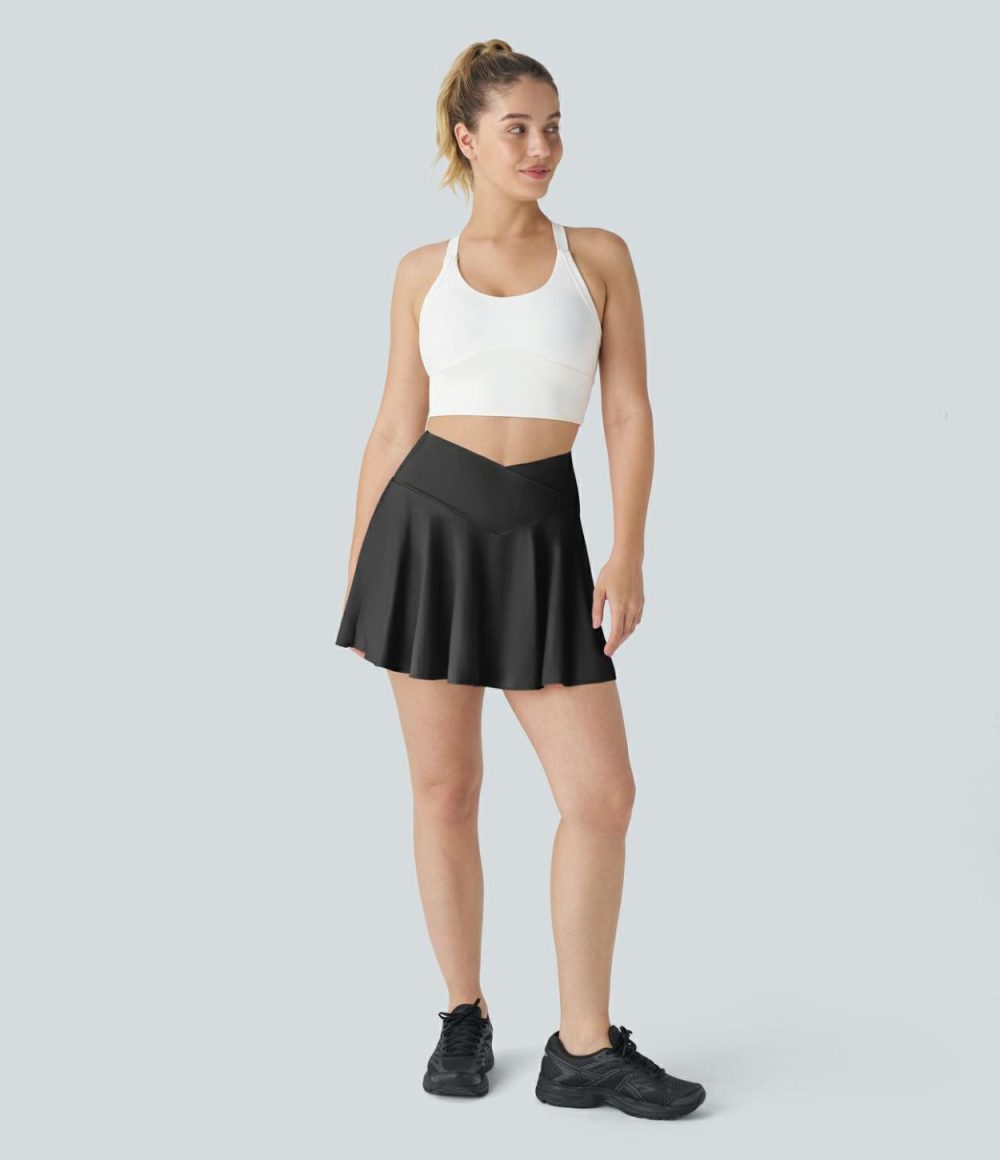 Softlyzero™ Airy Comfy High Waisted Crossover 2-in-1 Side Pocket Flare Cool Touch Tennis Skirt-Longer Length-UPF50+  | Womens  Mini Skirts Clothing Mini Skirts