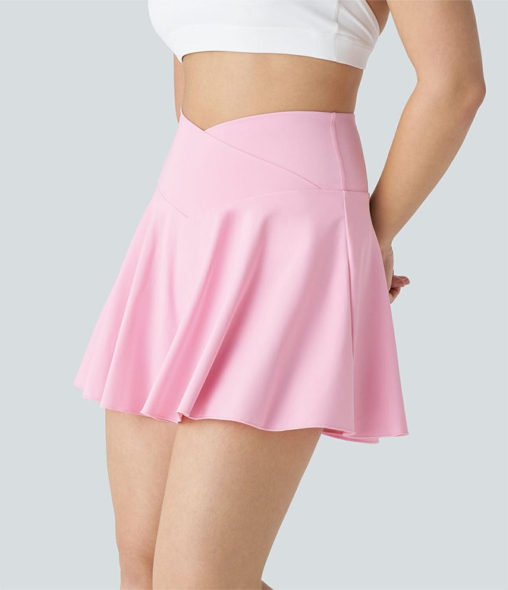 Softlyzero™ Airy Comfy High Waisted Crossover 2-in-1 Side Pocket Flare Cool Touch Tennis Skirt-Longer Length-UPF50+  | Womens  Mini Skirts Clothing Mini Skirts