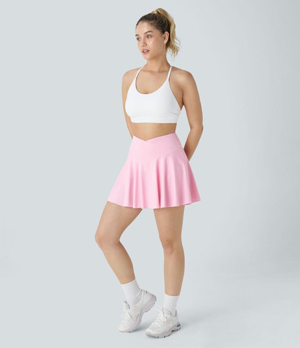 Softlyzero™ Airy Comfy High Waisted Crossover 2-in-1 Side Pocket Flare Cool Touch Tennis Skirt-Longer Length-UPF50+  | Womens  Mini Skirts Clothing Mini Skirts