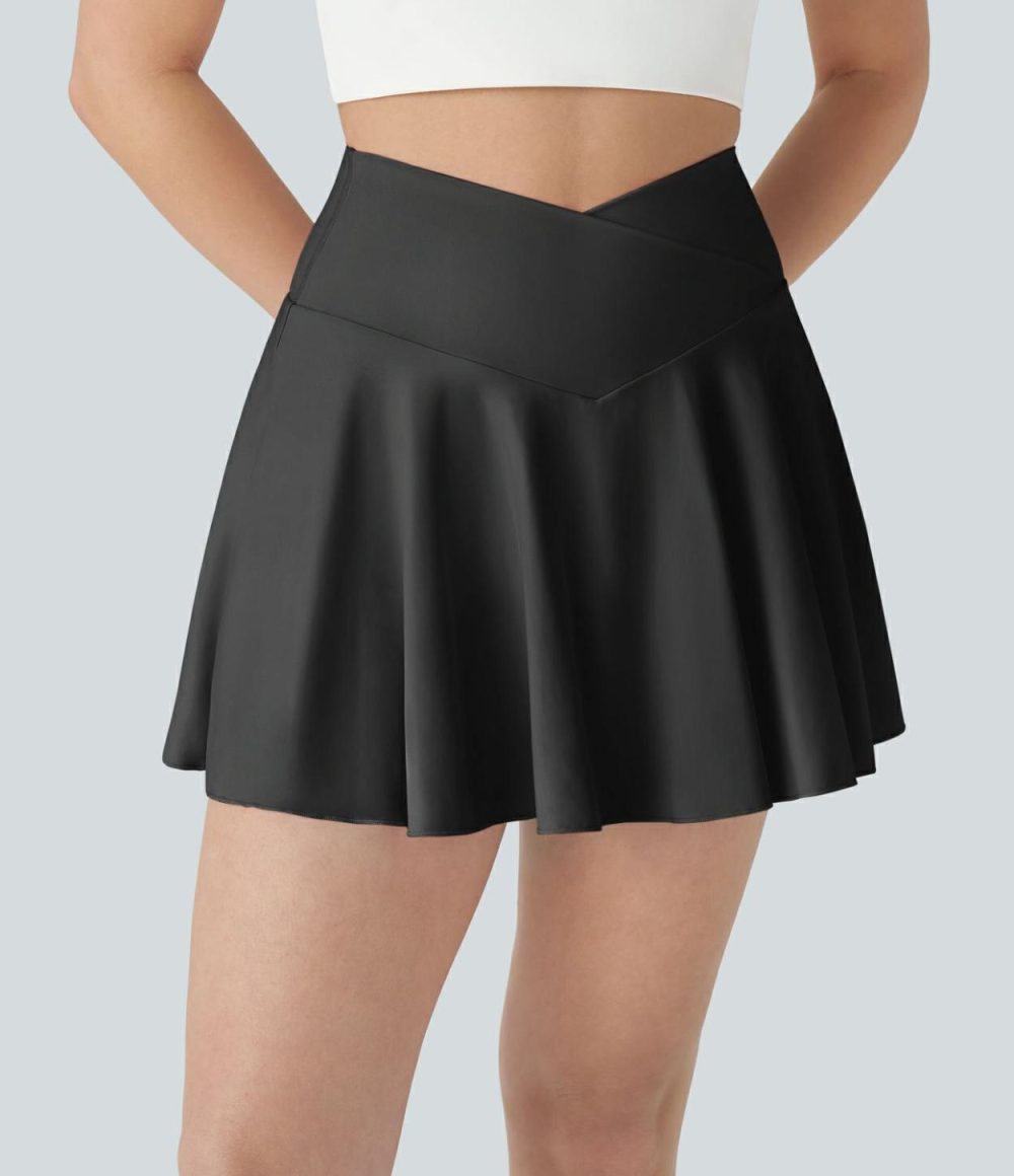 Softlyzero™ Airy Comfy High Waisted Crossover 2-in-1 Side Pocket Flare Cool Touch Tennis Skirt-Longer Length-UPF50+  | Womens  Mini Skirts Clothing Mini Skirts