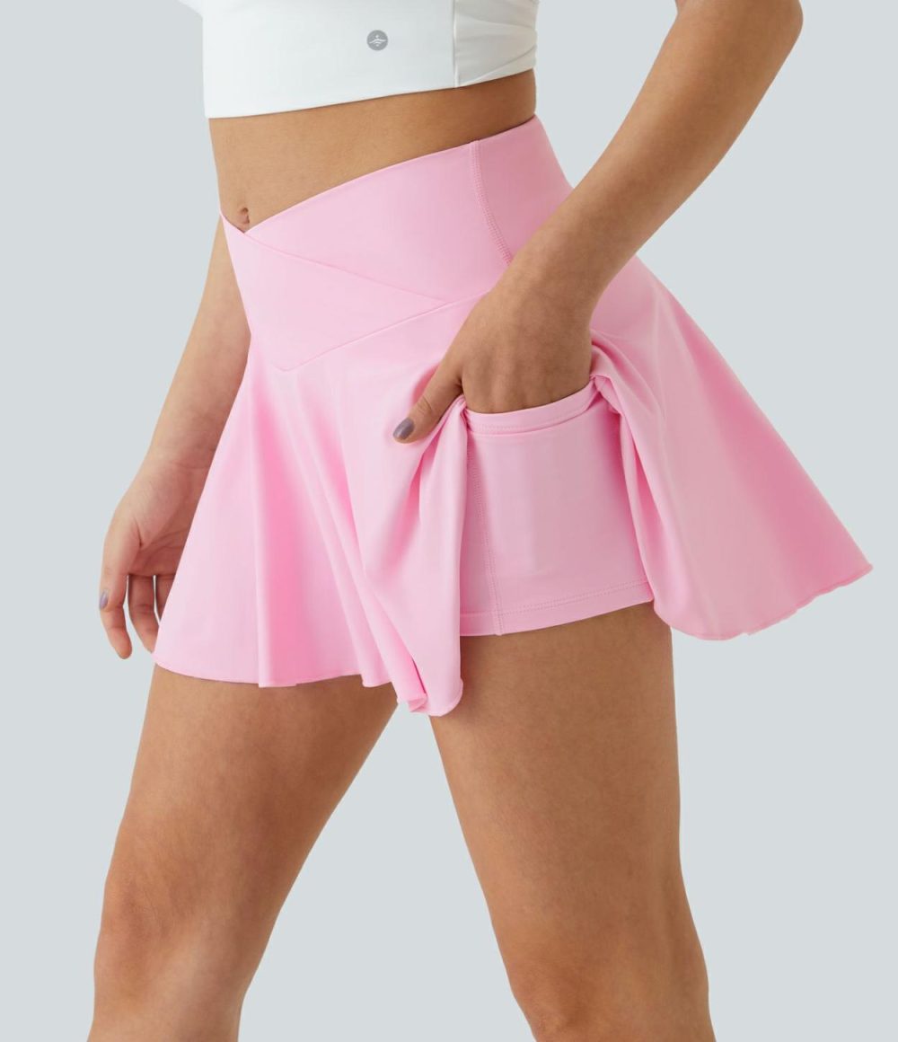 Softlyzero™ Airy Comfy High Waisted Crossover 2-in-1 Side Pocket Flare Cool Touch Tennis Skirt-UPF50+  | Womens  Mini Skirts Clothing Mini Skirts