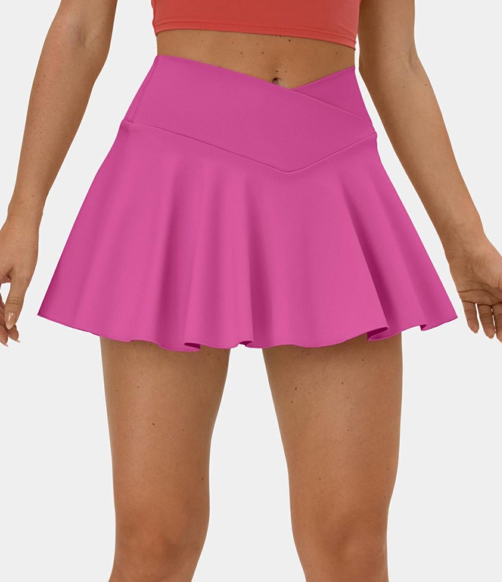 Softlyzero™ Airy Comfy High Waisted Crossover 2-in-1 Side Pocket Flare Cool Touch Tennis Skirt-UPF50+  | Womens  Mini Skirts Clothing Mini Skirts