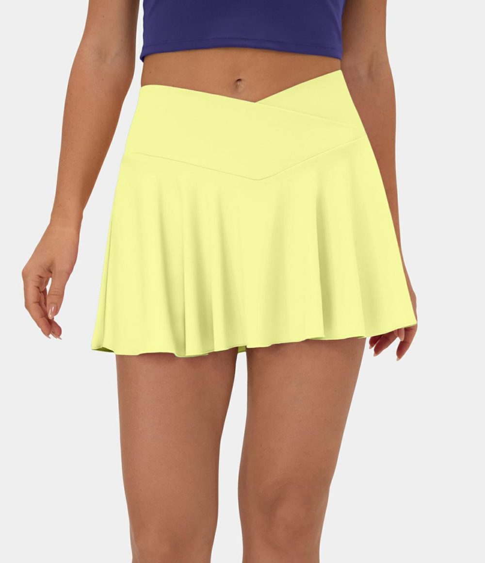 Softlyzero™ Airy Comfy High Waisted Crossover 2-in-1 Side Pocket Flare Cool Touch Tennis Skirt-UPF50+  | Womens  Mini Skirts Clothing Mini Skirts