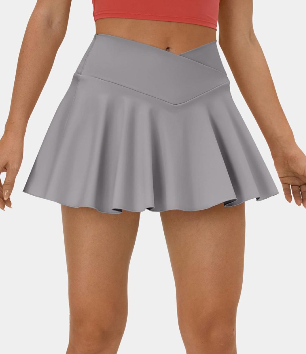 Softlyzero™ Airy Comfy High Waisted Crossover 2-in-1 Side Pocket Flare Cool Touch Tennis Skirt-UPF50+  | Womens  Mini Skirts Clothing Mini Skirts