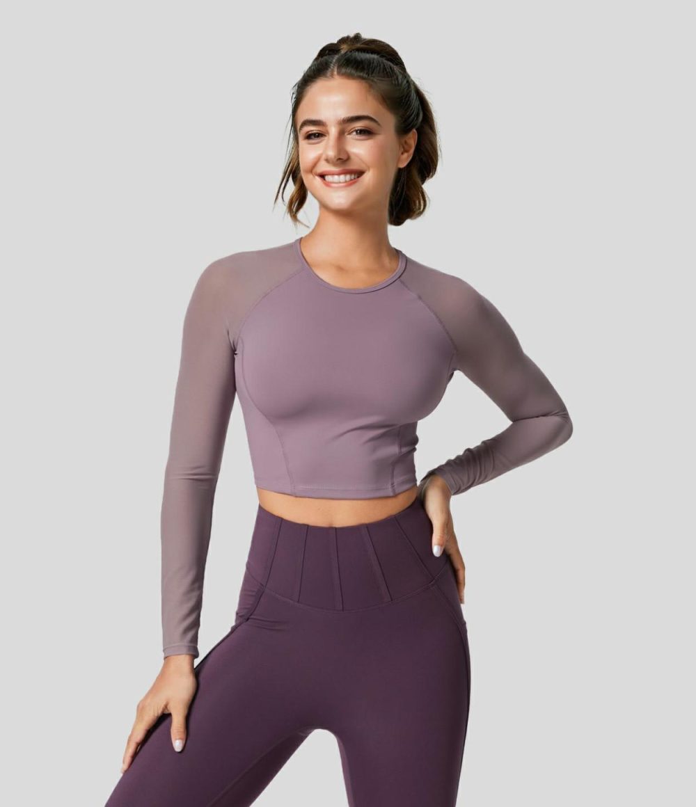 Softlyzero™ Airy Contrast Mesh Sleeve Cropped Cool Touch Yoga Sports Top-UPF50+  | Womens  Sports Tops Clothing Elderberry/Black