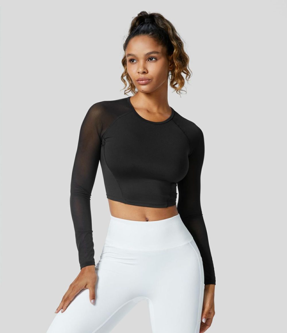 Softlyzero™ Airy Contrast Mesh Sleeve Cropped Cool Touch Yoga Sports Top-UPF50+  | Womens  Sports Tops Clothing Elderberry/Black