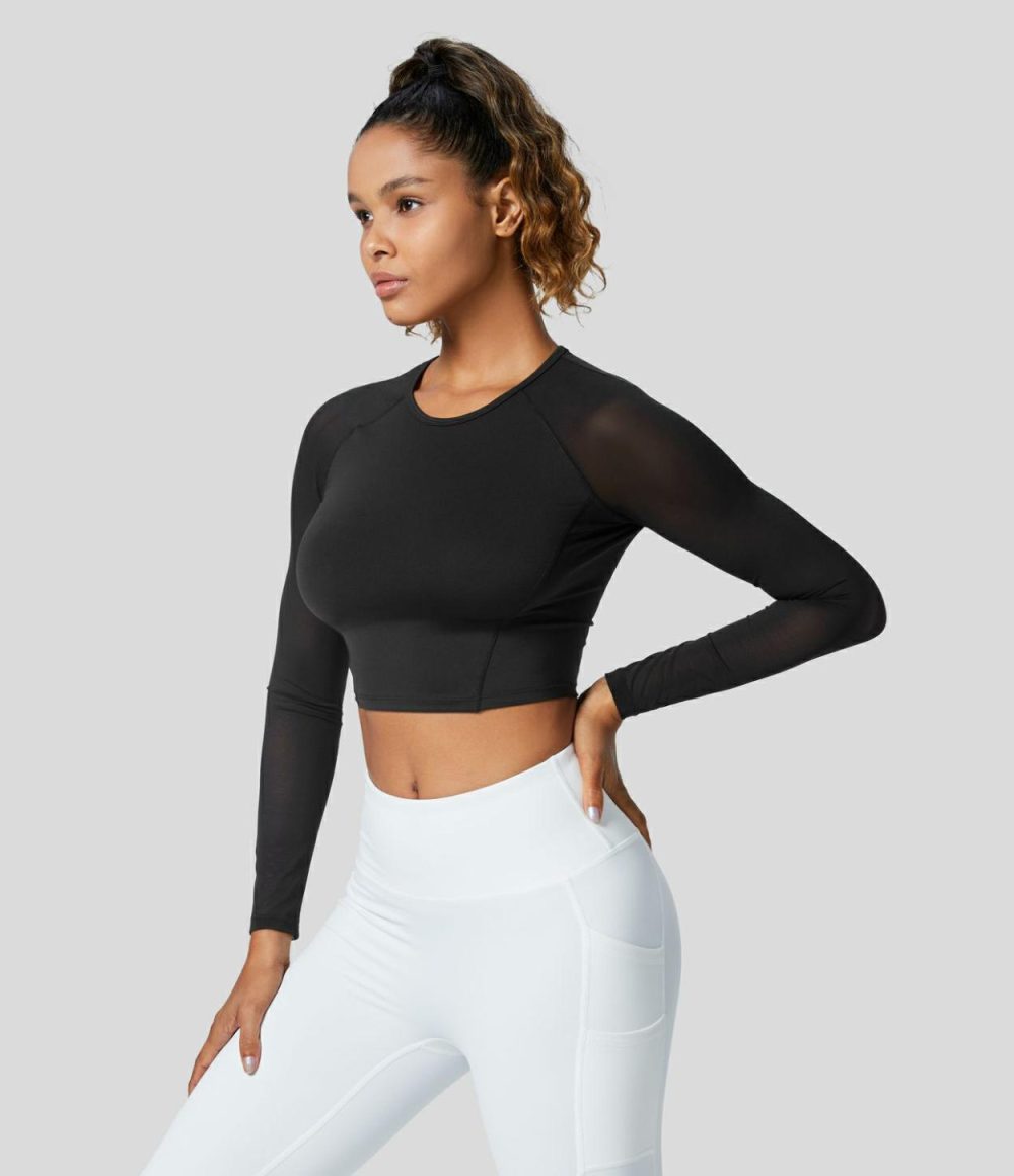 Softlyzero™ Airy Contrast Mesh Sleeve Cropped Cool Touch Yoga Sports Top-UPF50+  | Womens  Sports Tops Clothing Elderberry/Black