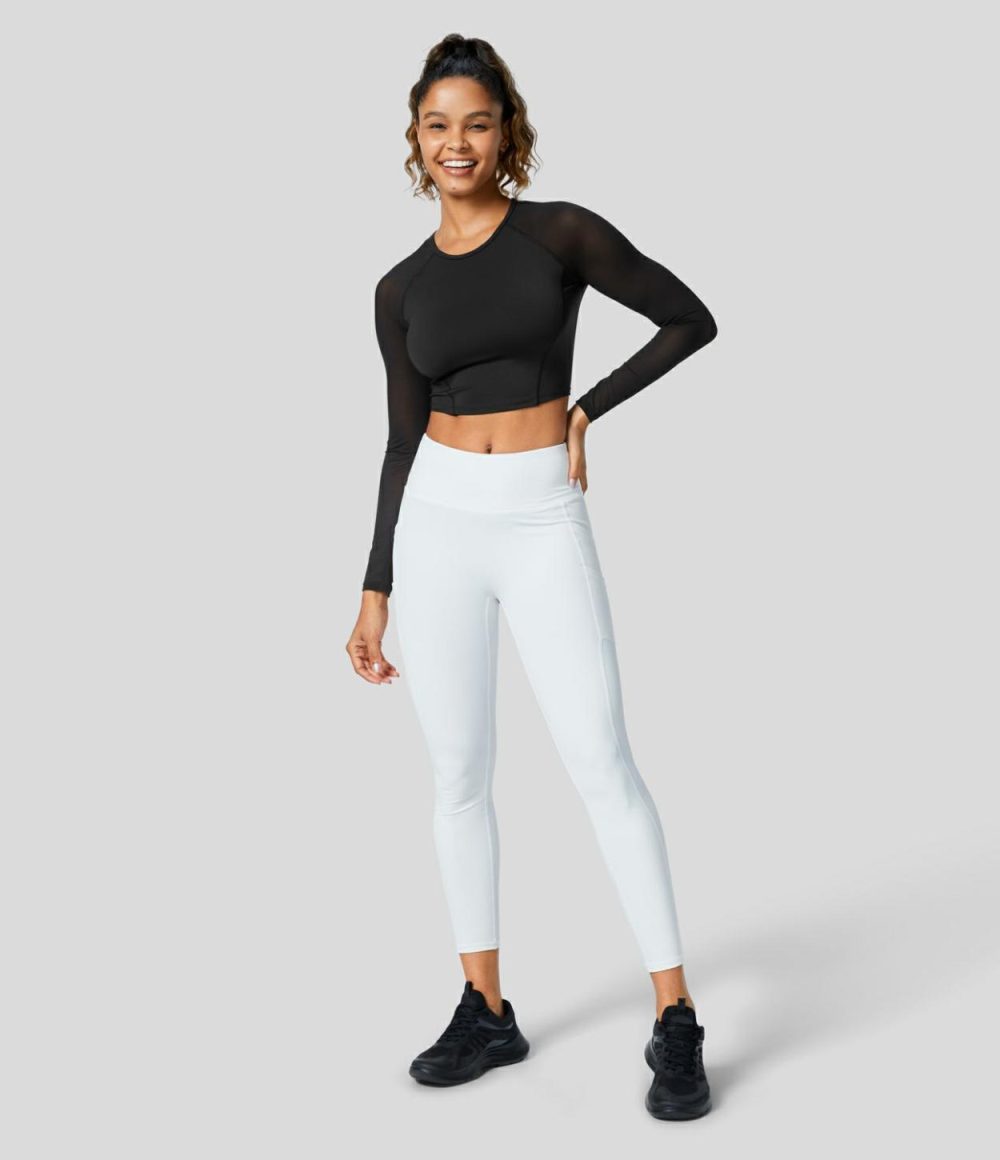 Softlyzero™ Airy Contrast Mesh Sleeve Cropped Cool Touch Yoga Sports Top-UPF50+  | Womens  Sports Tops Clothing Elderberry/Black