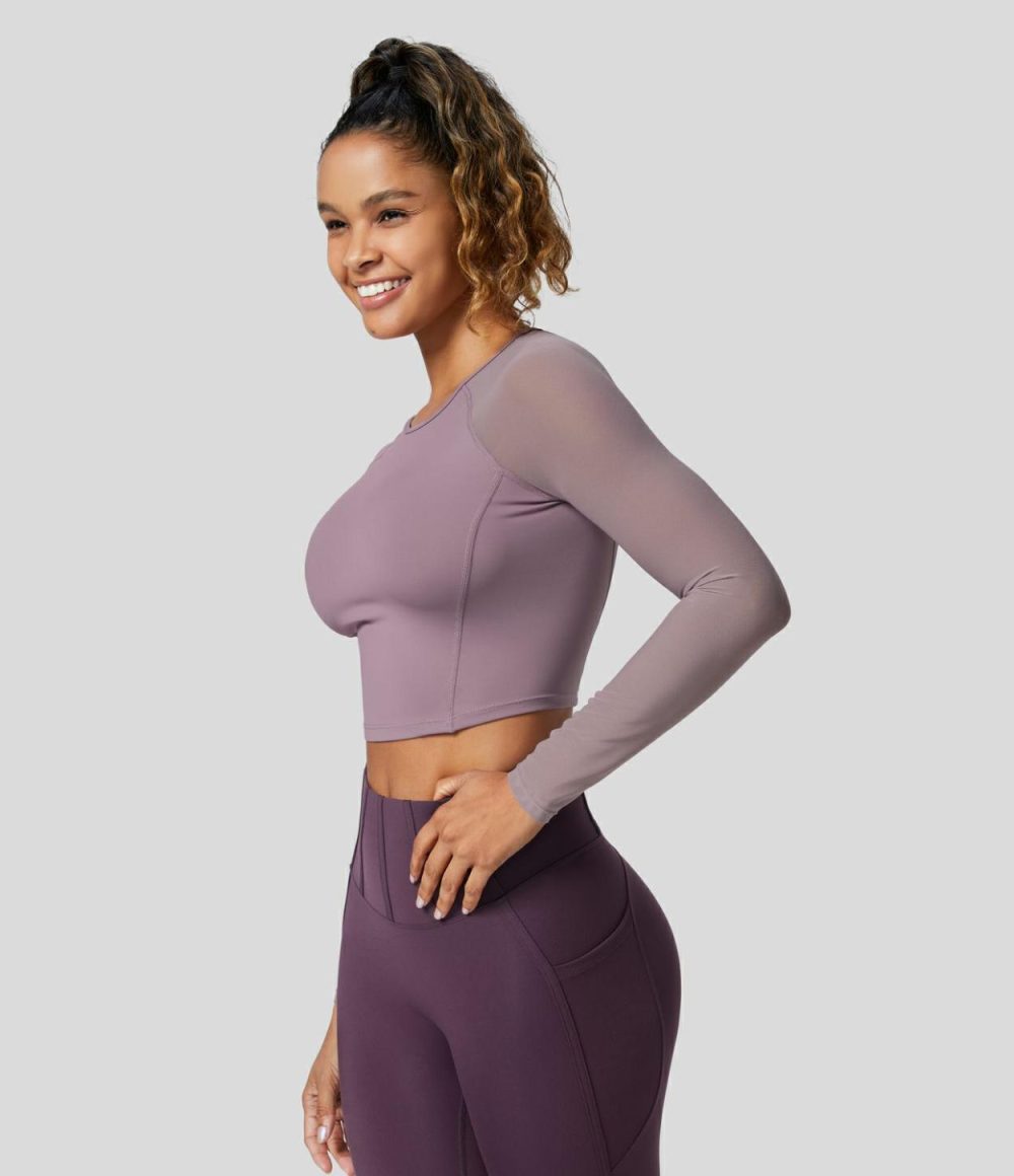 Softlyzero™ Airy Contrast Mesh Sleeve Cropped Cool Touch Yoga Sports Top-UPF50+  | Womens  Sports Tops Clothing Elderberry/Black