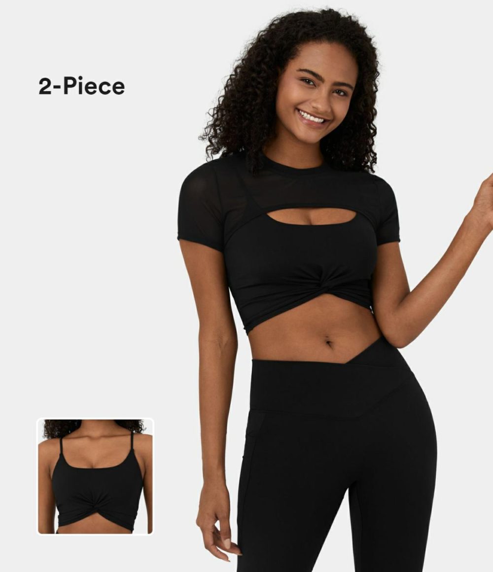 Softlyzero™ Airy Contrast Mesh Twisted Cropped 2-Piece Cool Touch Yoga Sports Top-UPF50+  | Womens  Sports Tops Clothing Black/Elderberry