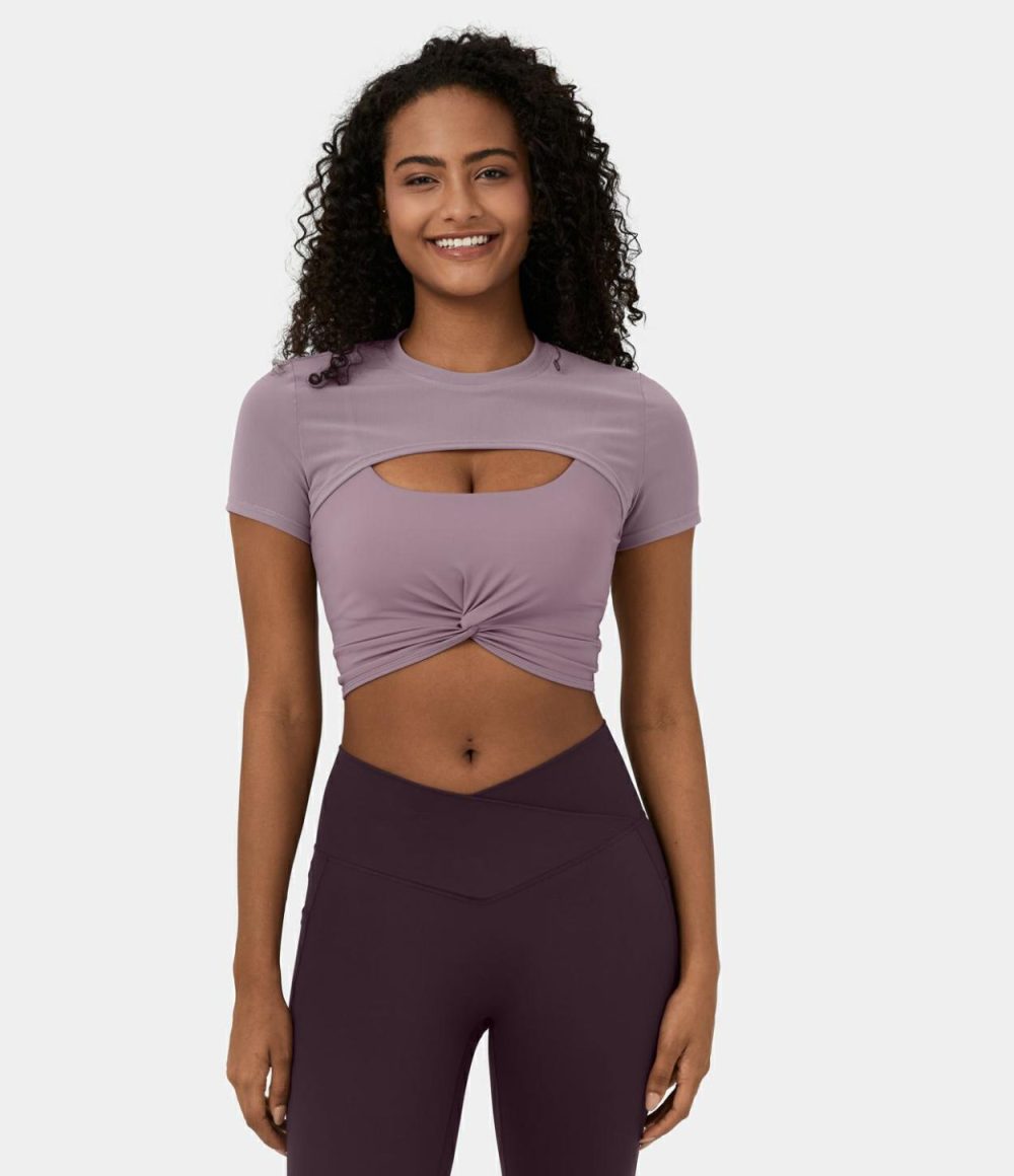 Softlyzero™ Airy Contrast Mesh Twisted Cropped 2-Piece Cool Touch Yoga Sports Top-UPF50+  | Womens  Sports Tops Clothing Black/Elderberry