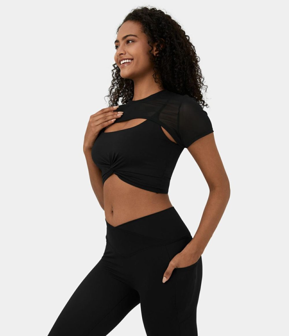 Softlyzero™ Airy Contrast Mesh Twisted Cropped 2-Piece Cool Touch Yoga Sports Top-UPF50+  | Womens  Sports Tops Clothing Black/Elderberry