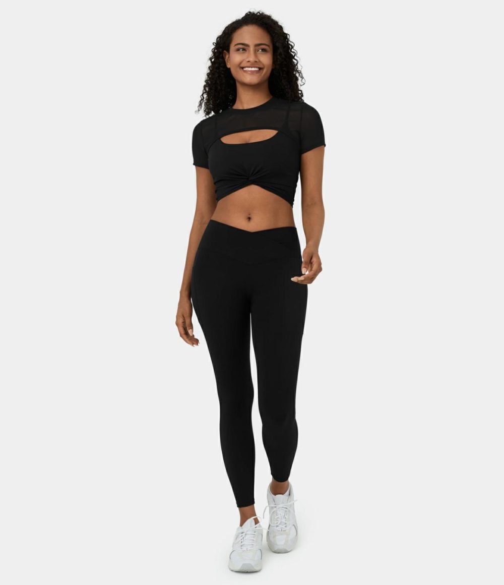 Softlyzero™ Airy Contrast Mesh Twisted Cropped 2-Piece Cool Touch Yoga Sports Top-UPF50+  | Womens  Sports Tops Clothing Black/Elderberry