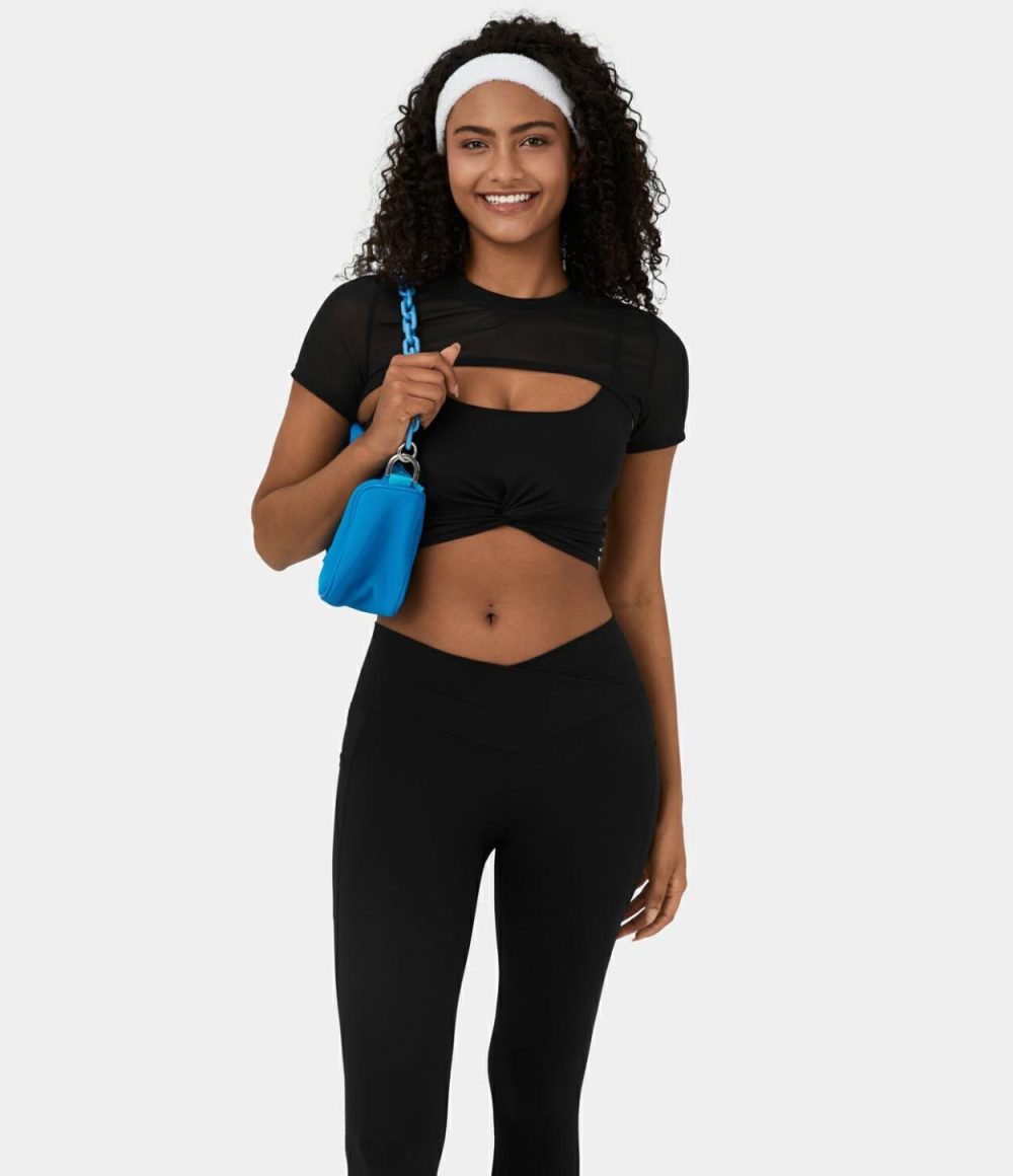 Softlyzero™ Airy Contrast Mesh Twisted Cropped 2-Piece Cool Touch Yoga Sports Top-UPF50+  | Womens  Sports Tops Clothing Black/Elderberry