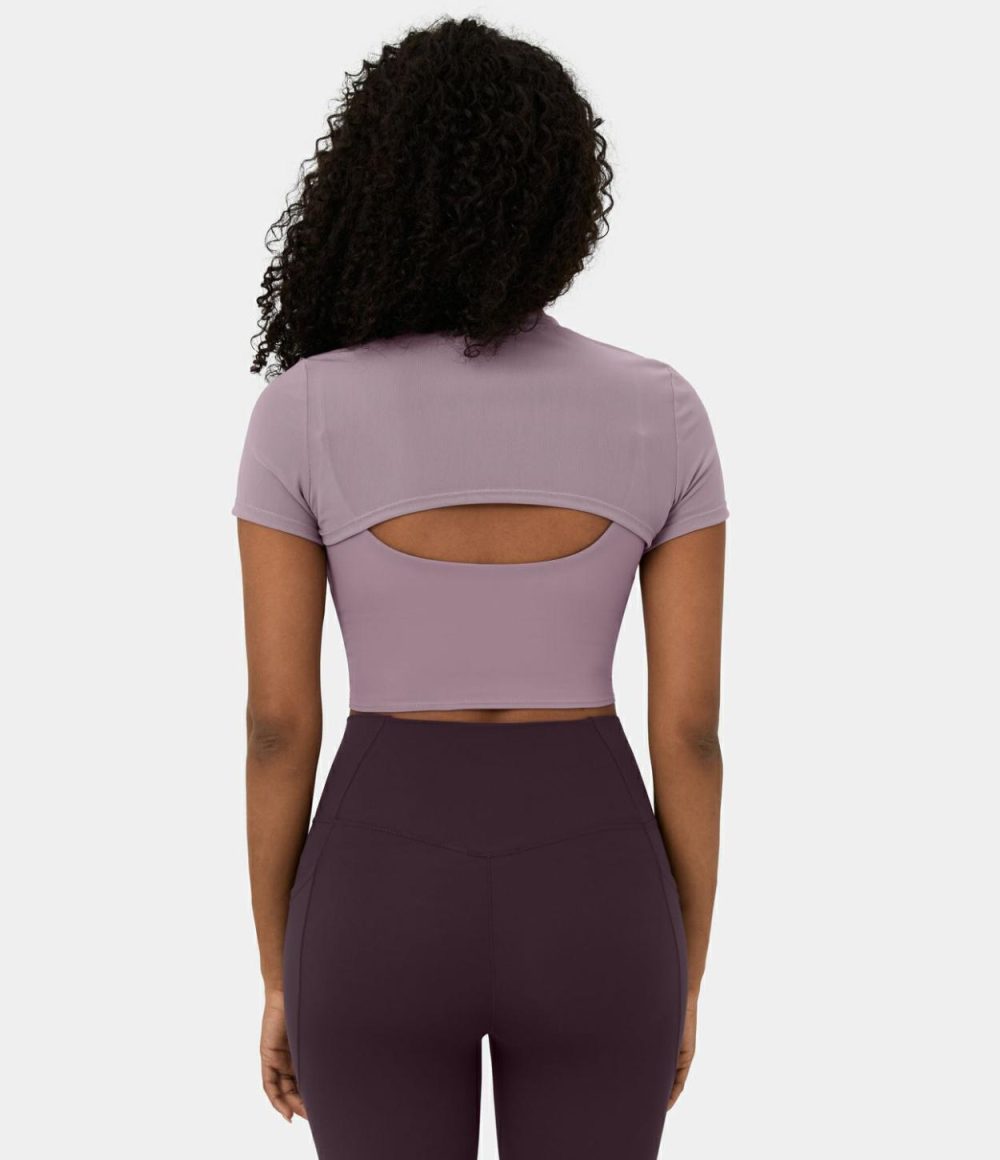 Softlyzero™ Airy Contrast Mesh Twisted Cropped 2-Piece Cool Touch Yoga Sports Top-UPF50+  | Womens  Sports Tops Clothing Black/Elderberry