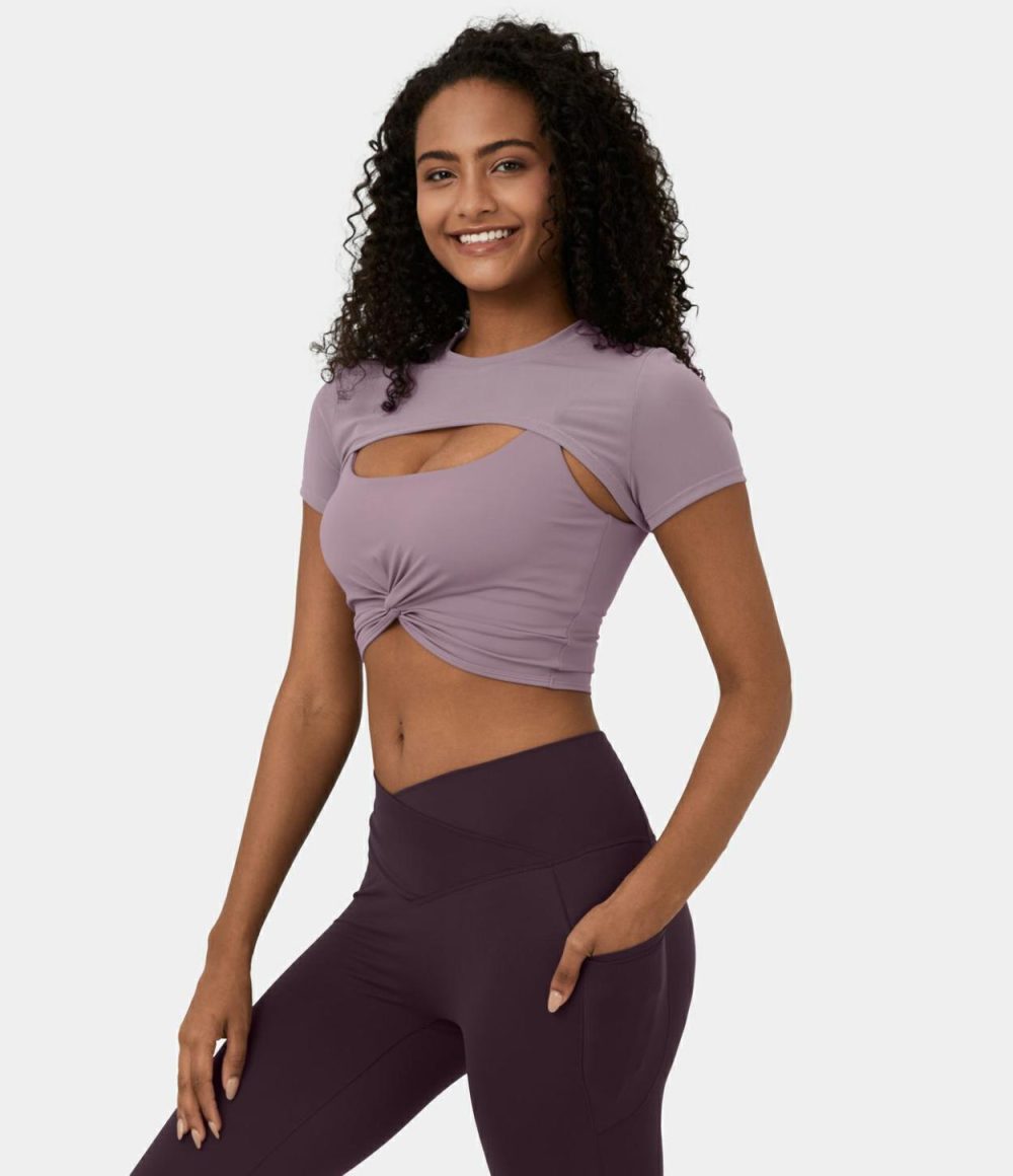 Softlyzero™ Airy Contrast Mesh Twisted Cropped 2-Piece Cool Touch Yoga Sports Top-UPF50+  | Womens  Sports Tops Clothing Black/Elderberry