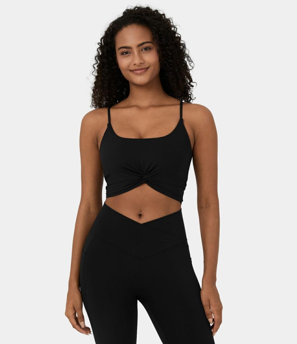 Softlyzero™ Airy Contrast Mesh Twisted Cropped 2-Piece Cool Touch Yoga Sports Top-UPF50+  | Womens  Sports Tops Clothing Black/Elderberry