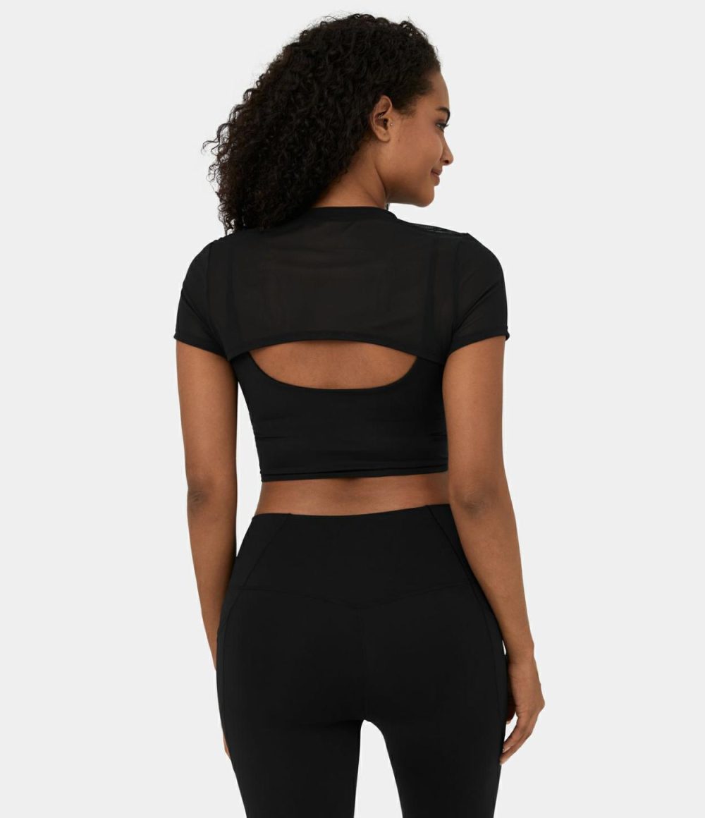 Softlyzero™ Airy Contrast Mesh Twisted Cropped 2-Piece Cool Touch Yoga Sports Top-UPF50+  | Womens  Sports Tops Clothing Black/Elderberry