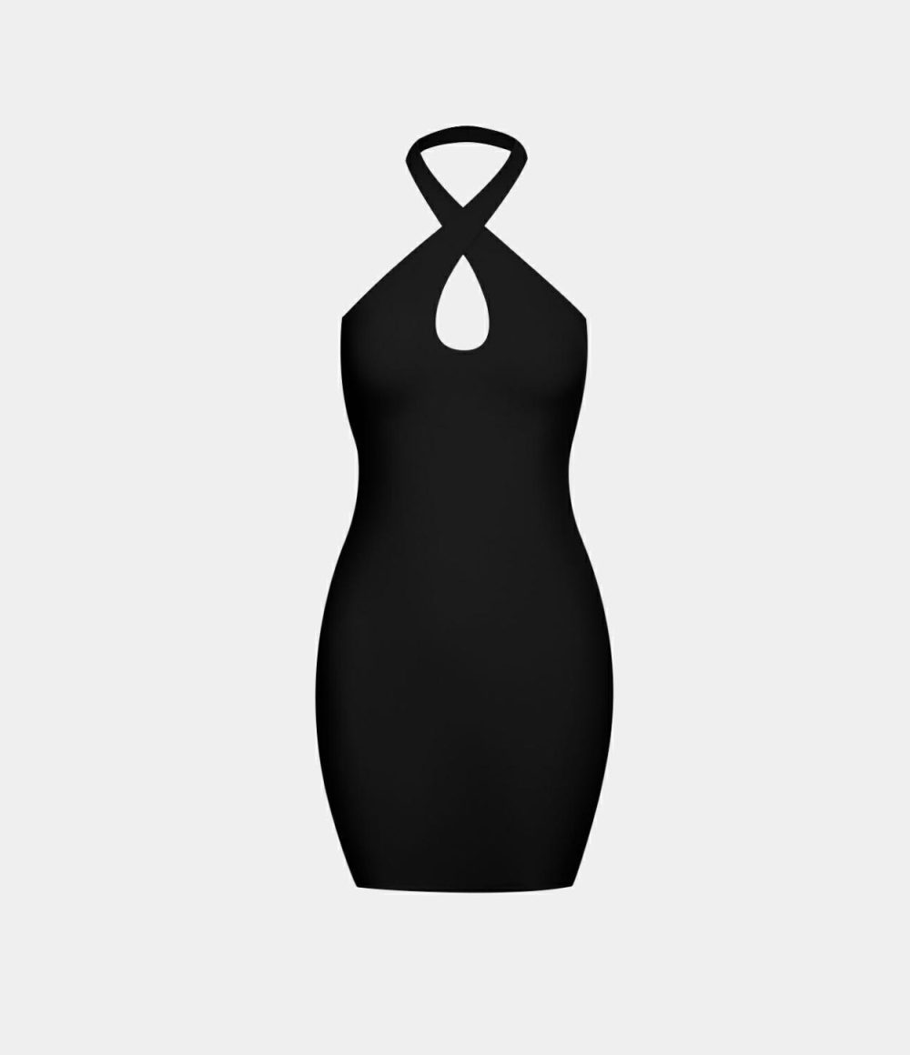 Softlyzero™ Airy Crisscross Halter Backless Bodycon Mini Cool Touch Casual Dress-UPF50+  | Womens  Mini Dresses Clothing Black/Nosegay