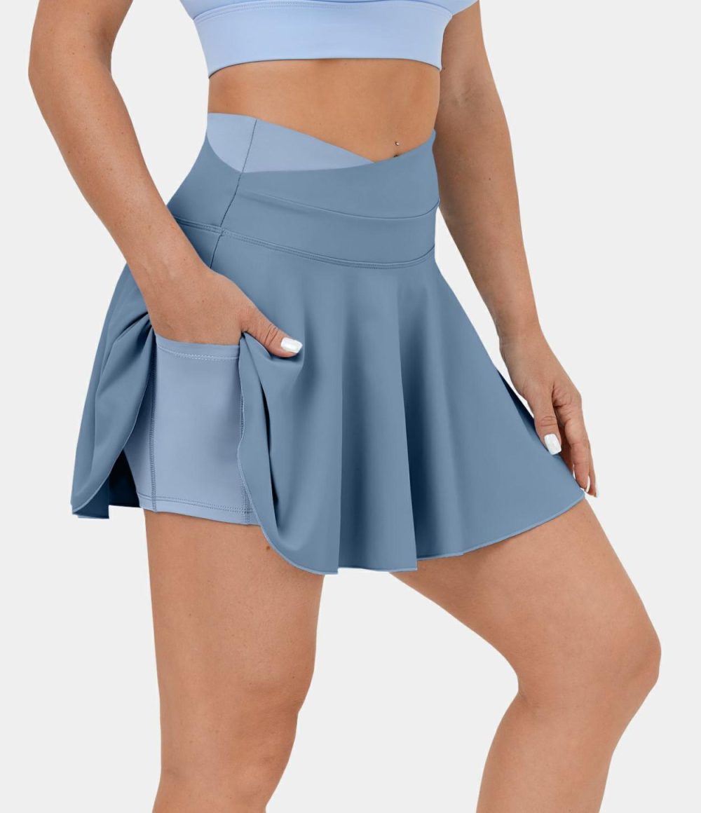 Softlyzero™ Airy Crossover Color Block Side Pocket 2-in-1 Flare Cool Touch Casual Skirt-UPF50+  | Womens  Mini Skirts Clothing Mini Skirts