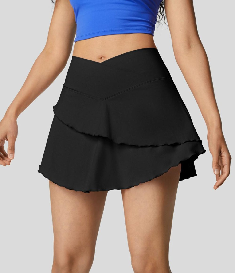 Softlyzero™ Airy Crossover Waist Lettuce Trim 2-in-1 Side Pocket Micro Mini Cool Touch Yoga Tiered Skirt-UPF50+  | Womens  2-in-1 Skorts 2-in-1 Skorts 2-in-1 Skorts