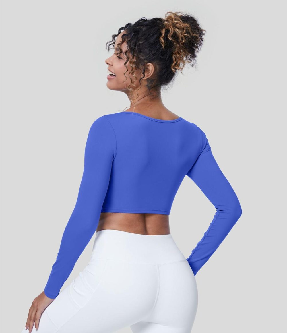 Softlyzero™ Airy Deep V Neck Twisted Cut Out Long Sleeve Cropped Cool Touch Yoga Sports Top-UPF50+  | Womens  Sports Tops Clothing Aster Blue/Black