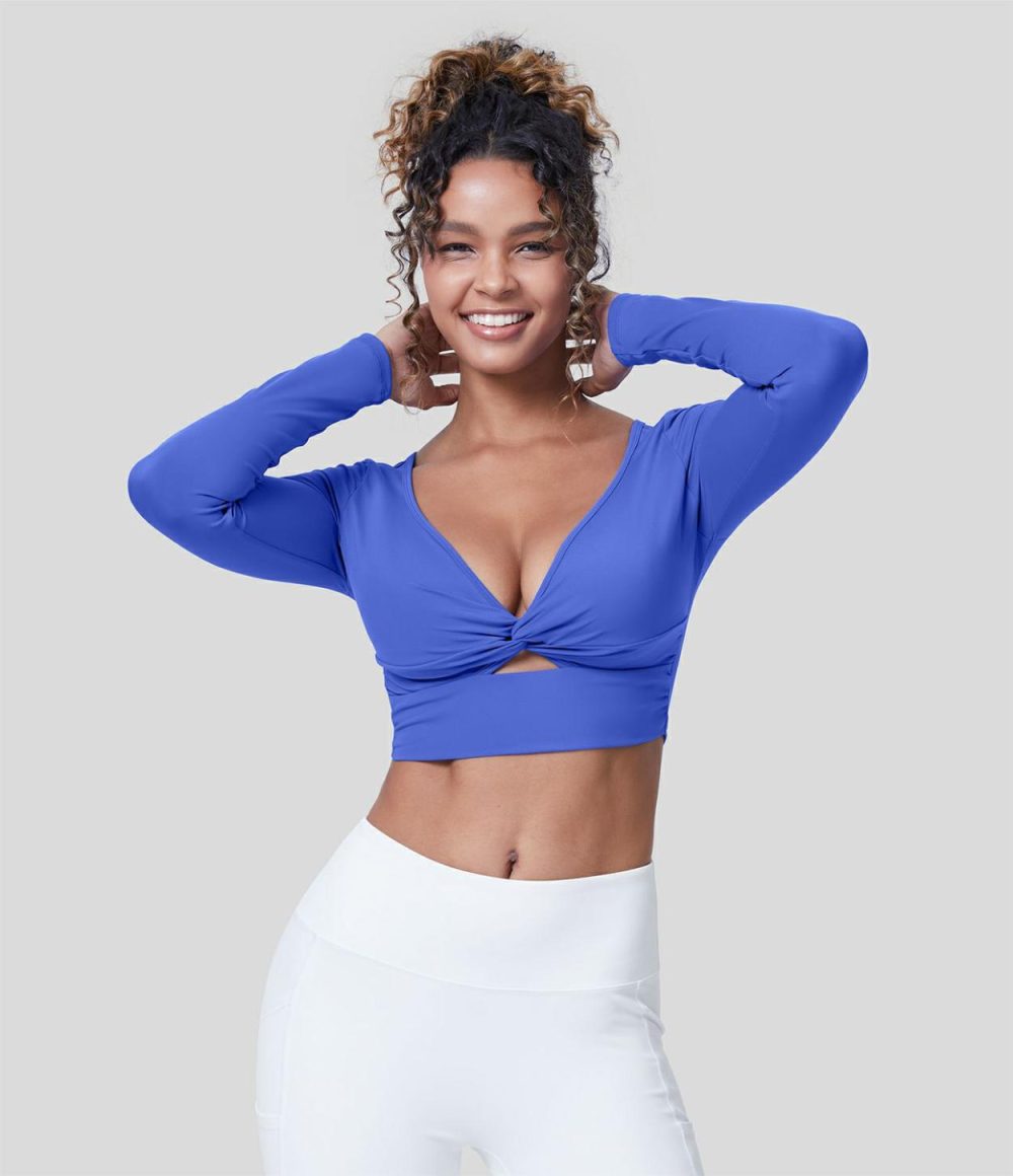 Softlyzero™ Airy Deep V Neck Twisted Cut Out Long Sleeve Cropped Cool Touch Yoga Sports Top-UPF50+  | Womens  Sports Tops Clothing Aster Blue/Black