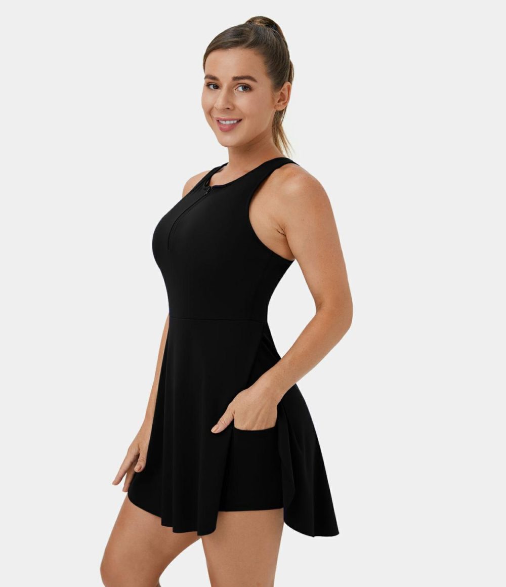 Softlyzero™ Airy Half Zip Backless Racerback Split 2-in-1 Pocket Cool Touch Tennis Active Dress-UPF50+  | Womens  Active Dresses Active Dresses Active Dresses