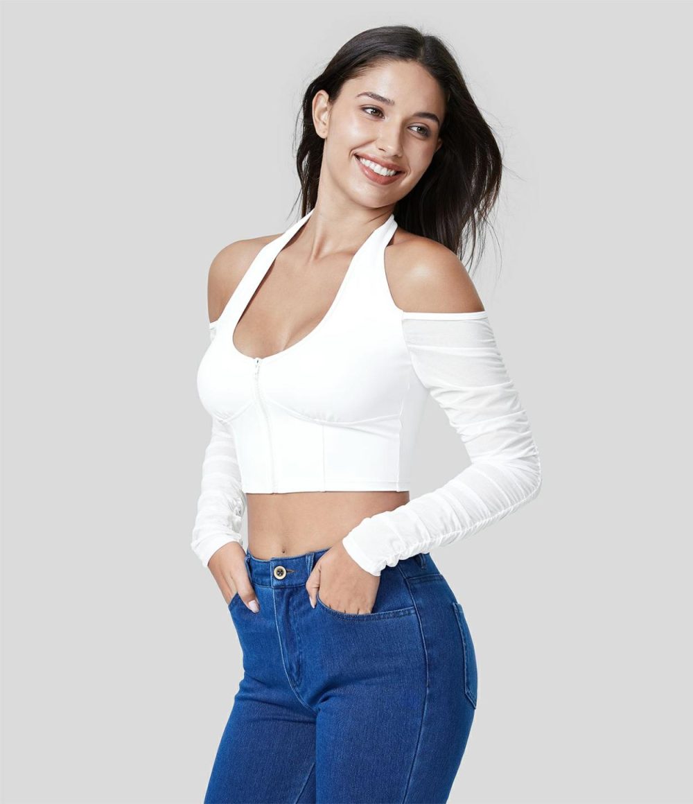 Softlyzero™ Airy Halter Backless Zipper Contrast Mesh Ruched Cropped Cool Touch Casual Sports Top-UPF50+  | Womens  Sports Tops Clothing Sports Tops