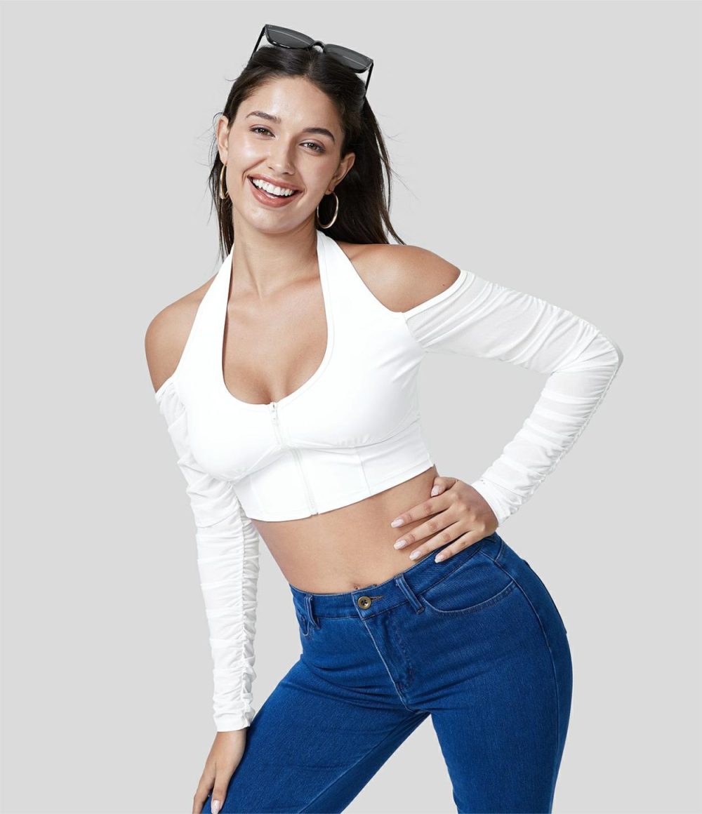 Softlyzero™ Airy Halter Backless Zipper Contrast Mesh Ruched Cropped Cool Touch Casual Sports Top-UPF50+  | Womens  Sports Tops Clothing Sports Tops