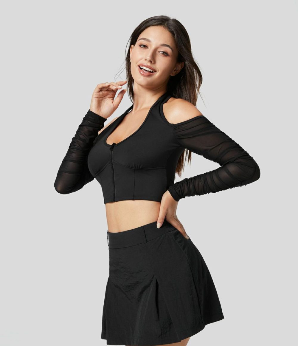 Softlyzero™ Airy Halter Backless Zipper Contrast Mesh Ruched Cropped Cool Touch Casual Sports Top-UPF50+  | Womens  Sports Tops Clothing Sports Tops