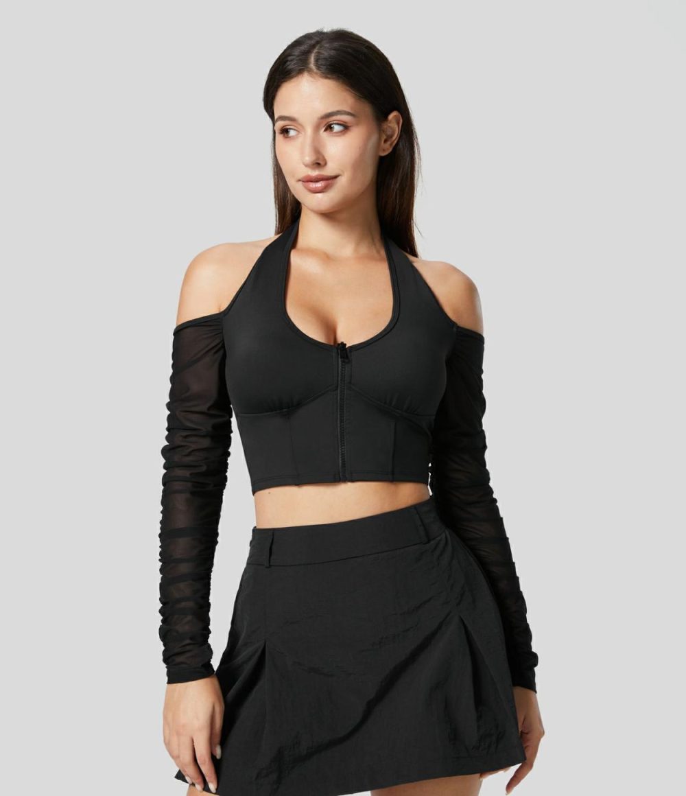 Softlyzero™ Airy Halter Backless Zipper Contrast Mesh Ruched Cropped Cool Touch Casual Sports Top-UPF50+  | Womens  Sports Tops Clothing Sports Tops