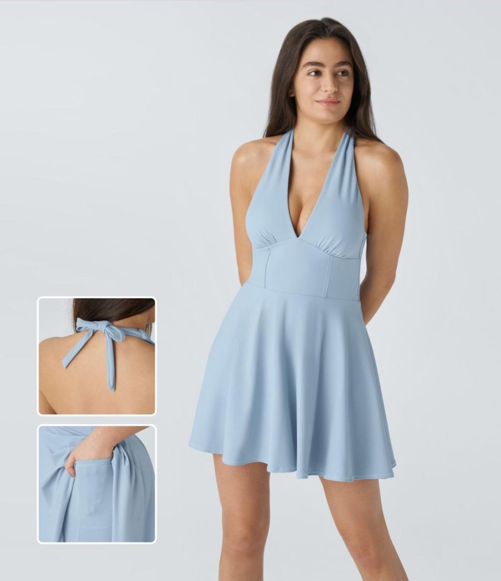 Softlyzero™ Airy Halter Tie Back Backless 2-in-1 Side Pocket Flare Mini Cool Touch Casual Dress-UPF50+  | Womens  Active Dresses Active Dresses Active Dresses