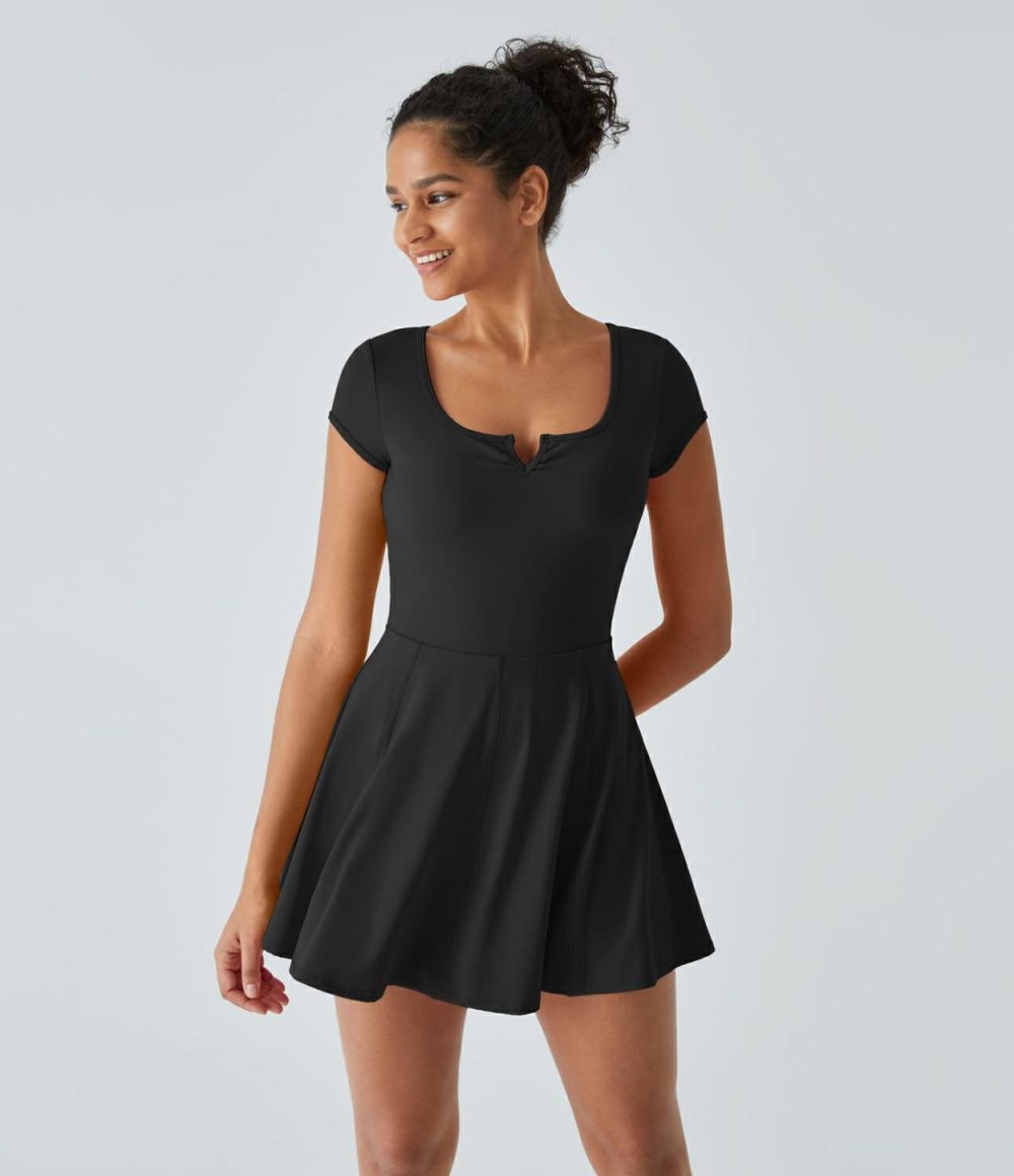 Softlyzero™ Airy Henley Neck Short Sleeve Cut Out 2-in-1 Pocket Cool Touch Flare Mini Pilates Active Dress-UPF50+  | Womens  Active Dresses Active Dresses Active Dresses