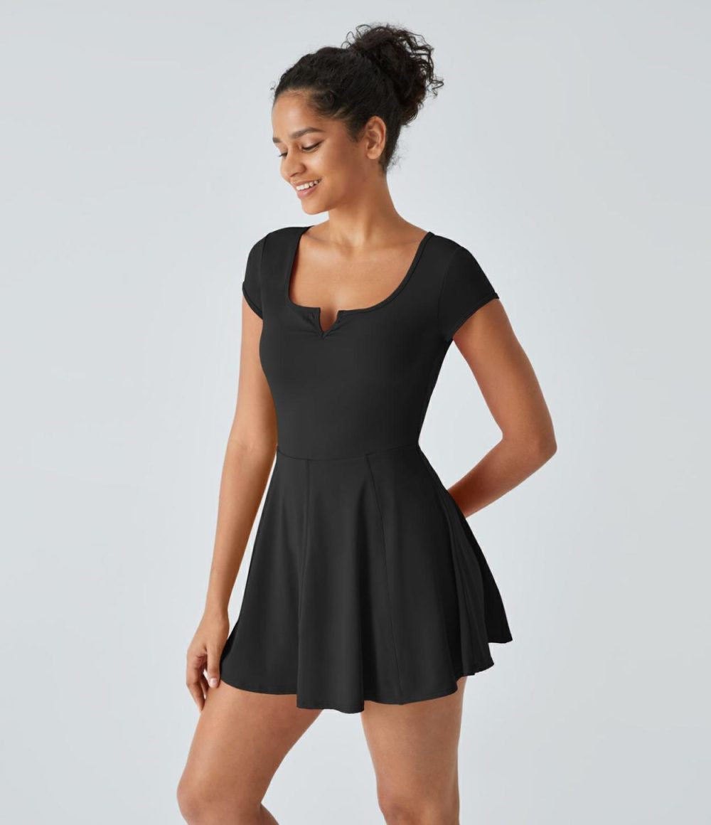 Softlyzero™ Airy Henley Neck Short Sleeve Cut Out 2-in-1 Pocket Cool Touch Flare Mini Pilates Active Dress-UPF50+  | Womens  Active Dresses Active Dresses Active Dresses