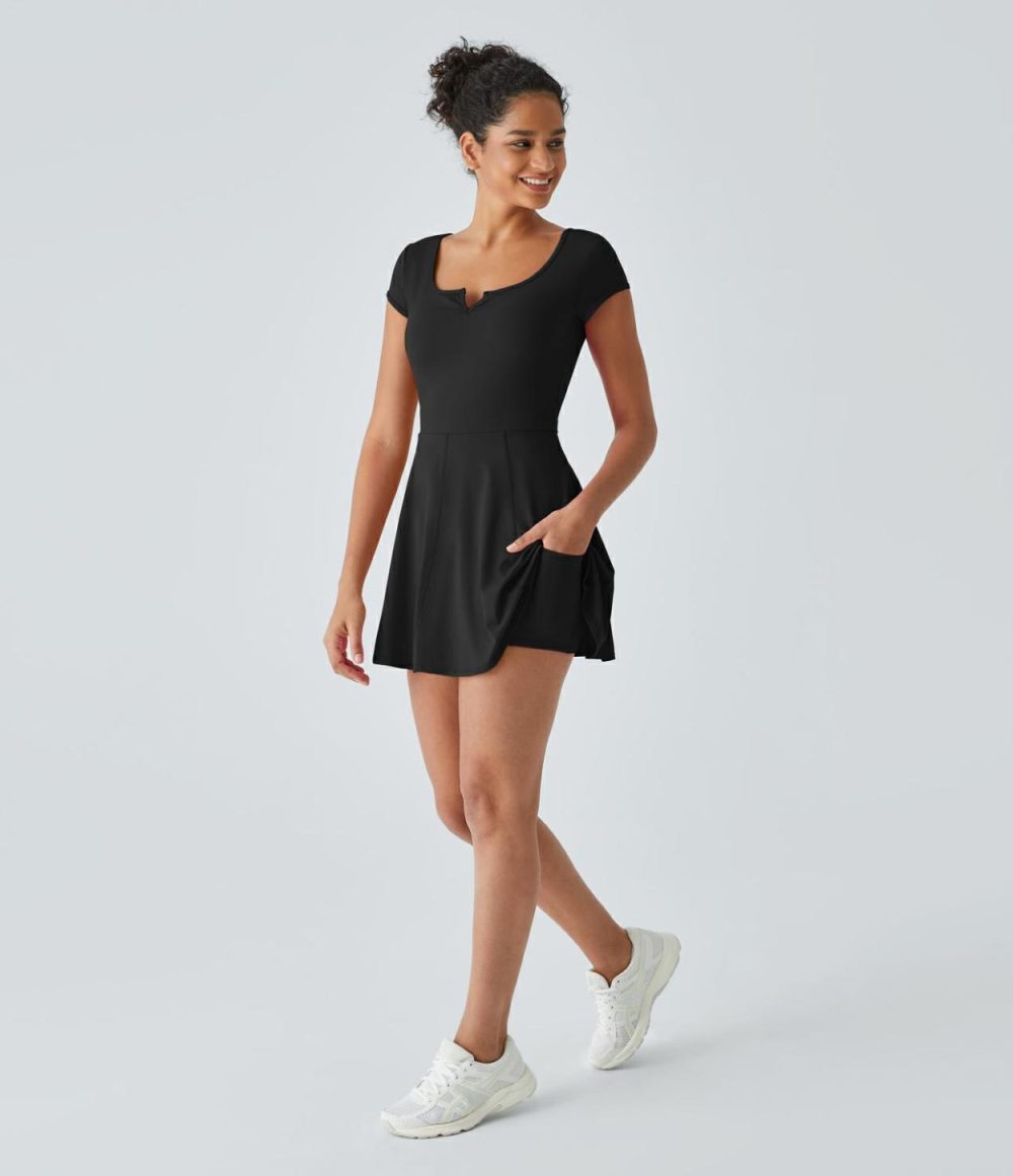 Softlyzero™ Airy Henley Neck Short Sleeve Cut Out 2-in-1 Pocket Cool Touch Flare Mini Pilates Active Dress-UPF50+  | Womens  Active Dresses Active Dresses Active Dresses