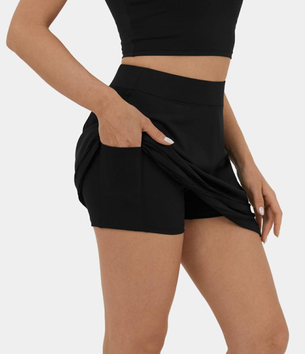 Softlyzero™ Airy High Waisted Contrast Mesh 2-in-1 Side Pocket A Line Mini Cool Touch Casual Skirt-UPF50+  | Womens  Mini Skirts Clothing Black/Angel Falls