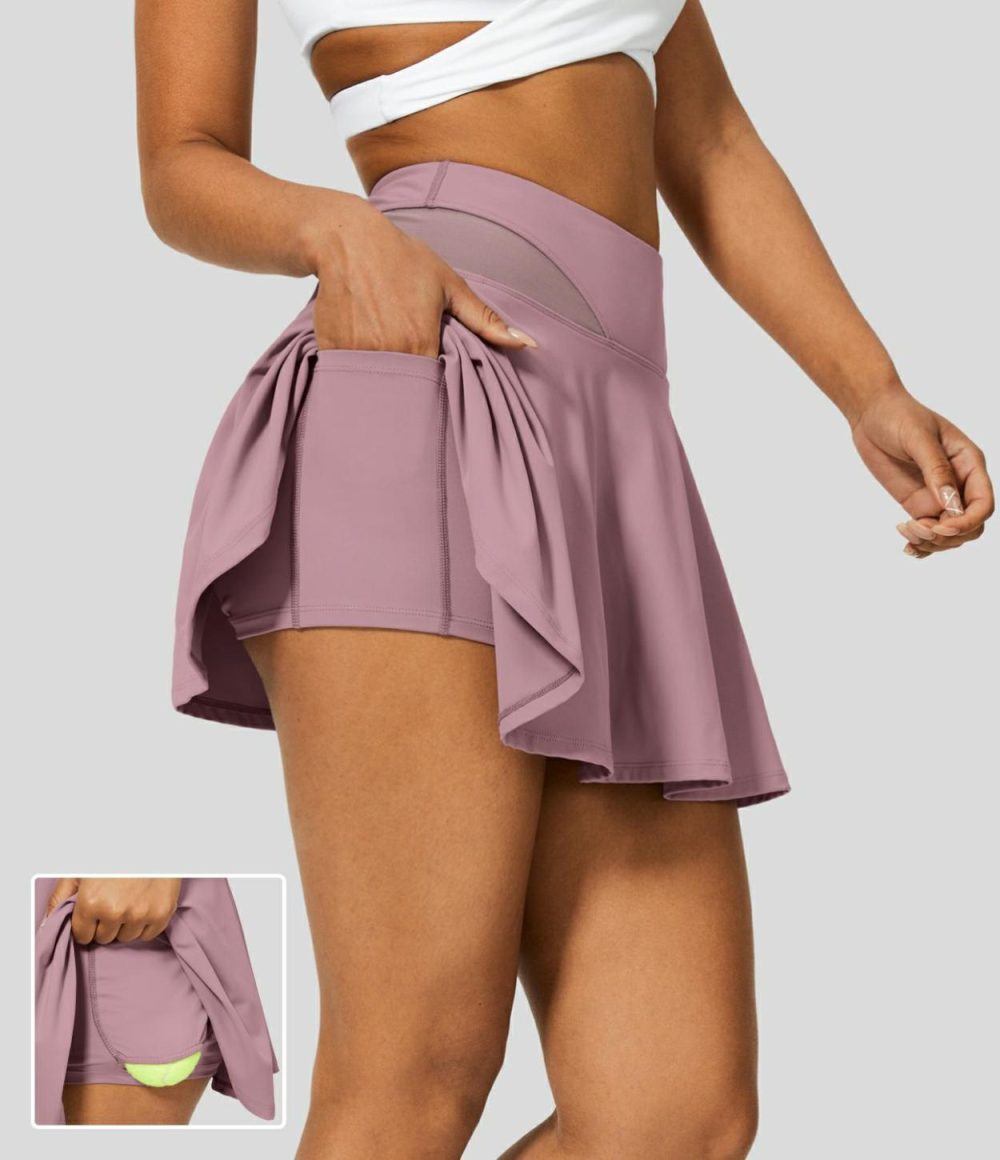 Softlyzero™ Airy High Waisted Contrast Mesh 2-in-1 Side Pocket Mini Flare Cool Touch Tennis Skirt-UPF50+  | Womens  Mini Skirts Clothing Deep Lotus Pink/Black