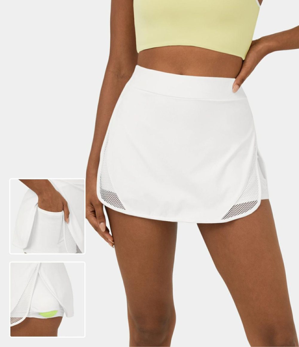 Softlyzero™ Airy High Waisted Contrast Mesh Split Curved Hem 2-in-1 Side Pocket Mini Cool Touch Tennis Skirt-UPF50+  | Womens  Mini Skirts Clothing Mini Skirts