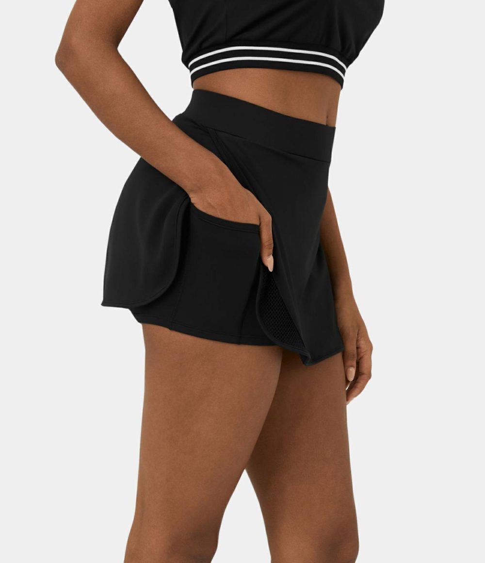 Softlyzero™ Airy High Waisted Contrast Mesh Split Curved Hem 2-in-1 Side Pocket Mini Cool Touch Tennis Skirt-UPF50+  | Womens  Mini Skirts Clothing Mini Skirts