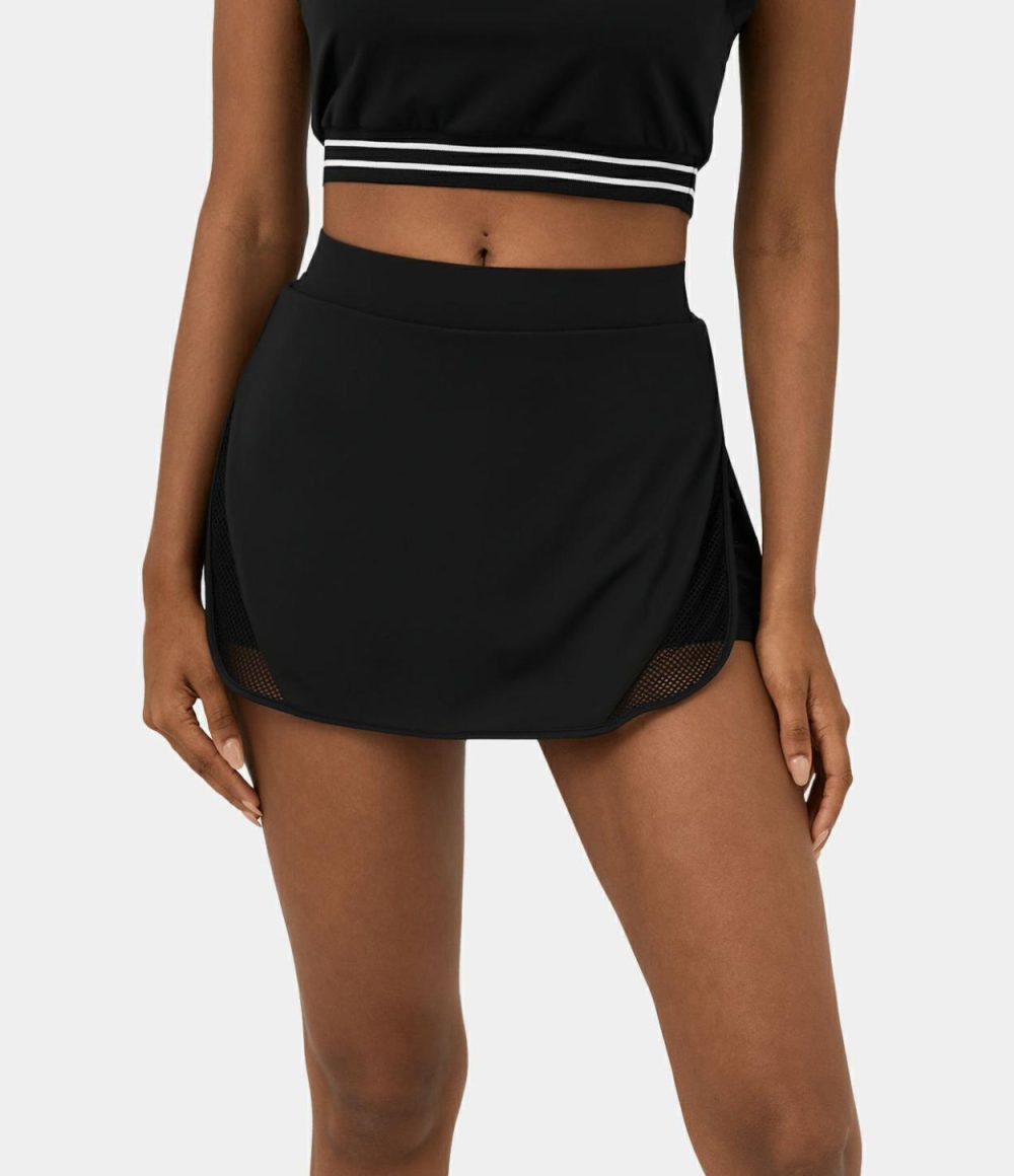 Softlyzero™ Airy High Waisted Contrast Mesh Split Curved Hem 2-in-1 Side Pocket Mini Cool Touch Tennis Skirt-UPF50+  | Womens  Mini Skirts Clothing Mini Skirts